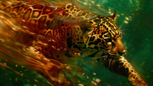 Abstract representation of a jaguar in motion, capturing the energy and grace