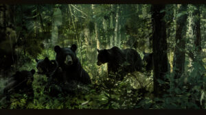 Abstract representation of black bears in a dense forest, their dark forms blending seamlessly with the shadows