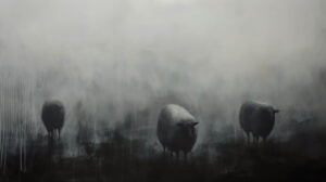 Abstract representation of black sheep in a misty meadow, their silhouettes creating a sense of mystery and intrigue
