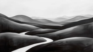 Abstract wallpaper portraying a tranquil black and white rural scene with gentle hills and meandering rivers capturing a peaceful and unspoiled natural charm