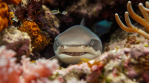 Adorable shark pup peeking out from behind a coral reef, inviting you into its underwater world with a mischievous grin