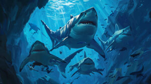 Adorable wallpaper capturing a sweet moment of parent sharks swimming protectively around their young creating a heartwarming atmosphere