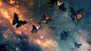 Aesthetic representation capturing moths in flight their elegant motions creating abstract designs against a starry sky