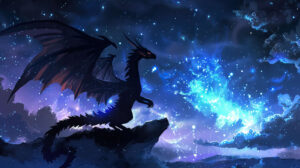 An abstract anime dragons silhouette stands out against a starry night sky crafting a celestial vibe in the wallpaper