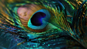 An abstract composition inspired by the iridescent hues and graceful shapes of peacock feathers, evoking a sense of elegance and mystique