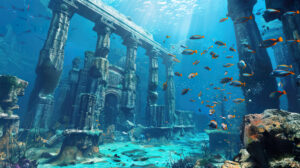 An aesthetic wallpaper capturing the stunning view of Atlantis underwater with lively schools of fish gliding past ancient architectural structures