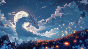 An anime dragon plays in a moonlit meadow chasing fireflies and capturing innocence in the stillness of the night
