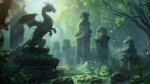 An anime dragon rests on ancient ruins in a mystical forest radiating an aura of mystery