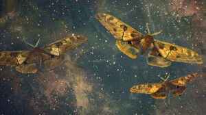 An artistic depiction of moths in flight, their graceful movements forming abstract patterns against a starry sky