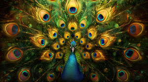 An artistic depiction of peacock feathers arranged in a captivating mandala pattern, symbolizing beauty and harmony
