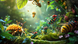 An artistic rendering of a whimsical bug kingdom, with fanciful insects engaged in playful activities amidst lush foliage