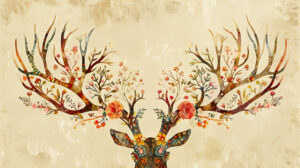 An artistic wallpaper showcasing antlers embellished with whimsical flower patterns seamlessly merging natural elements with creative style