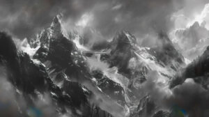 An awe inspiring monochromatic wallpaper showcases snow capped peaks piercing the clouds over rugged terrain