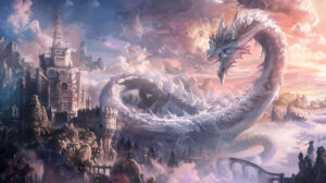 An elegant dragon from an anime wrapping around a majestic castle in a union of fantasy and grandeur is captured in Majestic Anime Dragon Castle Blend.jpg