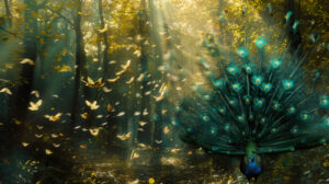 An enchanting wallpaper captures a serene forest setting where peacock feathers drift gently on the breeze evoking a feeling of enchantment and awe