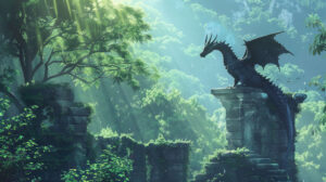 An enchanting wallpaper features a mystical forest backdrop with an anime dragon resting on ancient ruins evoking a sense of intrigue