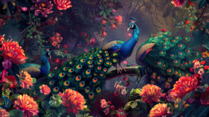An enchanting wallpaper featuring whimsical creatures with peacock feathers dancing among vibrant foliage and blooming flowers