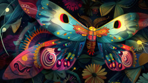 An enchanting wallpaper showcasing whimsical moths adorned with vibrant patterns and jewel like hues evoking a magical ambiance