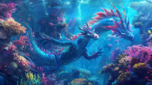 An entrancing wallpaper capturing anime dragons elegantly gliding amidst vibrant coral reefs in an ethereal underwater setting