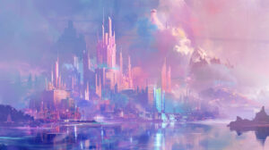 An ethereal wallpaper featuring the pastel toned skyline of Atlantis city casting a serene and dreamlike ambiance