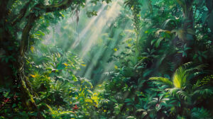 An image capturing sunlight filtering through dense rainforest foliage illuminating the dappled forest floor