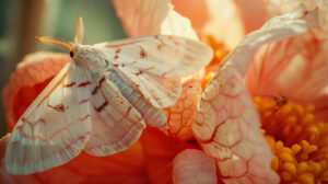 An up close view captures a fragile moth perched on a vivid flower petal its detailed markings and gentle hues enhanced by sunlight