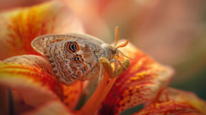 An up close view capturing a fragile moth perched on a vivid flower petal its detailed patterns and gentle hues glowing under sunlights illumination