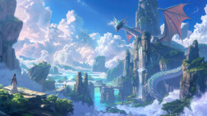 Anime dragon guardian overlooking a magical kingdom, symbolizing protection and strength