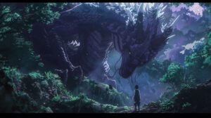 Anime dragon guardian standing watch over a hidden treasure trove, guarding secrets of the past