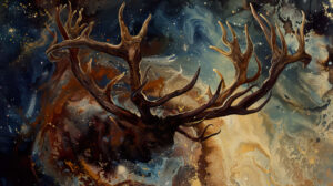 Antlers merged with swirling galaxies bridging cosmic and earthly realms in Cosmic Antlers Among Galaxies wallpaper
