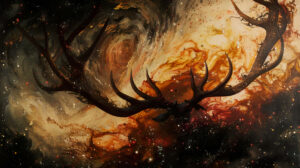 Antlers merging with swirling galaxies in an abstract cosmic and earthly blend captured in wallpaper form as cosmic and earthly realms.jpg