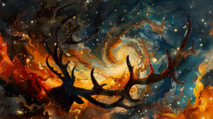 Antlers silhouetted against swirling galaxies merging cosmic and earthly realms in Cosmic Fusion Antlers wallpaper