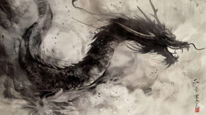 Artistic depiction of an anime dragon in a traditional Japanese ink painting style