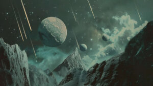 Astounding wallpaper featuring a surreal scene of a celestial landscape with planets and shooting stars perfectly aligned in a magical display