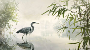 At a serene lakeside a majestic bird elegantly moves through the shallow waters its reflection beautifully mirrored in the tranquil surface. Wallpaper.jpg