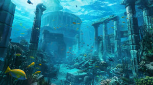 Atlantis Unveiled Sunken cityscape showcases vibrant schools of fish exploring ancient structures beneath the sea