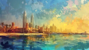 Atlantis city skyline in a dreamlike pastel palette, evoking a sense of tranquility