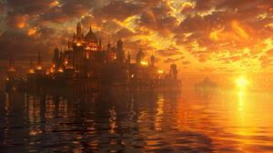 Atlantis cityscape mystical and bathed in a warm magical glow at sunset captured in Mystical cityscape of Atlantis at sunset.jpg