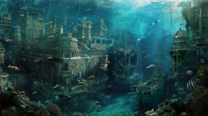 Atlantis harbor with submerged ships and bustling aquatic life, capturing a sense of movement