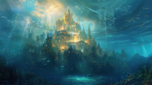 Atlantis luminous city under the sea dazzling with an unearthly brilliance is captured in the wallpaper titled Radiant City Below Ocean Waves