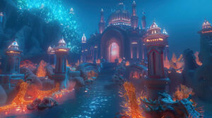 Atlantis palace adorned with glowing coral, creating a mesmerizing and regal scene