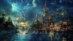 Atlantis skyline at night with illuminated towers and aquatic creatures in a celestial dance