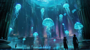 Atlantis temple surrounded by a school of bioluminescent jellyfish, creating an ethereal ambiance