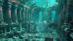 Atlantis throne room with coral encrusted regal structures and ancient artifacts