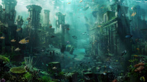Atlantis with its marine flora and fauna forms a diverse habitat that encircles the lost city in this captivating wallpaper