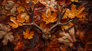 Autumn leaves gracefully cling to the majestic antlers embodying the beauty of seasonal change in nature