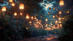 Behold a surreal scenery where ethereal moths dance among radiant lanterns weaving a fascinating play of light and shadow in Mesmerizing Light Dance