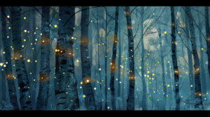 Birchwood trees portrayed in a whimsical magical forest setting with twinkling fairy lights among the branches set as a wallpaper