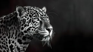 Black and white jaguar portrait, emphasizing the beauty and contrast of its fur