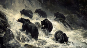 Black bears displaying their hunting skills as they catch salmon in a fast flowing river showcasing their agility and prowess as hunters